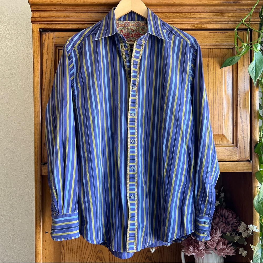 Robert Graham Blue and Green Striped Paisley Cotton Button-Down Shirt Large
